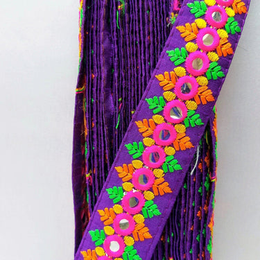 Purple Mirrored Fabric Trim With Fuchsia Pink, Orange, Yellow And Green Embroidery